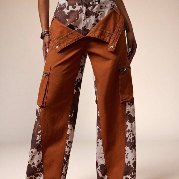 Multicolor Casual Women's Leopard Print Baggy Cargo Fold Over Jeans - Picture 4 of 5